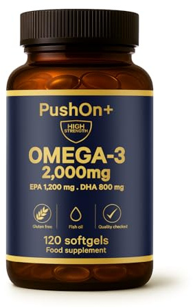 PushOn+ Omega-3 2000 mg Fish Oil Capsules – 120 Softgels – EPA 1200 mg & DHA 800 mg per Daily Serving – Food Supplement – 2 Months Supply