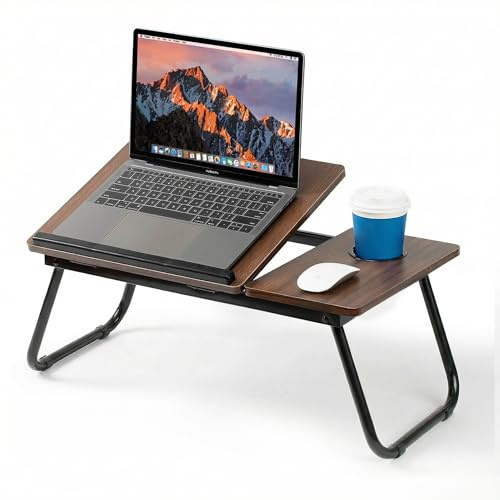 Mesa para Cama y Sofá, Plegable Bandeja con Tapa Ajustable, 56x32x25cm | Mesa Cama Ordenador con Portavasos, Tablero MDF y Soporte Metálico, Nuez Oscura