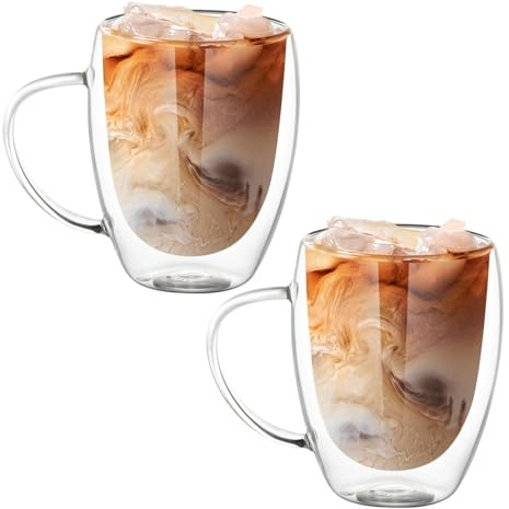 Ravytha 2 stycken latte macchiato-glas, cappuccinoglas med handtag, dubbelväggiga kaffeglas, dubbelväggiga latte macchiato-glas för te, mjölk, kall dryck (350 ml)