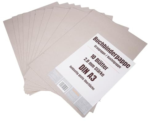 moobluum 10 Blatt Bastelpappe Graupappe Buchbinderpappe DIN A3, 2,0 mm Stärke, beidseitig glatte Oberfläche, 1300 g/m², 420 x 297 mm, für Buchbinden, Basteln, Kalender, Bilderrahmen