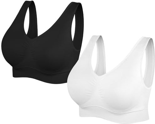 SIMIYA Super Comfort Bra, Womens Sports Bras Removable Pads Plus Size Sleep Bras for Girls in Yoga Bralette Leisure Stretch Crop Tops Vest (4XL, 2 Pack Black+White)