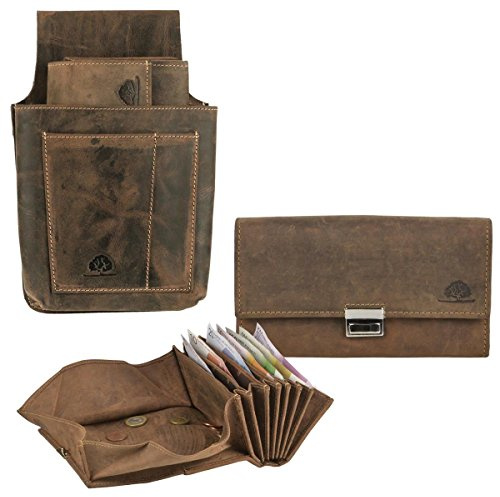 Greenburry Kellnerbörse Set Leder braun antik Kellnerset Geldbörse mit Holster Kellnertasche