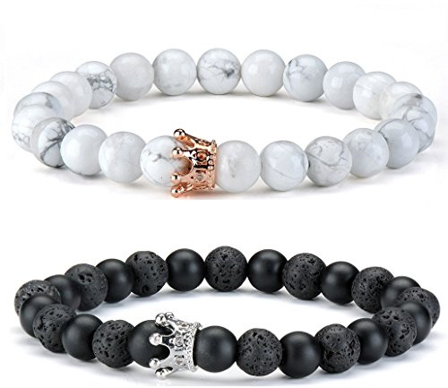 Thajaling 2 Stück Paar Armband Schwarz Weiß Stein Armband Rose Gold & Silber Krone Queen 8 mm Perlen Armbänder