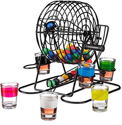 Relaxdays Unisex Erwachsene Bingo, & Halterung, Shotgläser, Par Relaxdays Trinkspiel Bingo Lostrommel mit Kurbel Halterung 6 Shotgl ser 48 Kugeln lustiges Pa, bunt, Standard EU