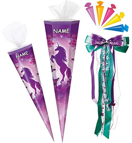 alles-meine.de GmbH Set Schultüte + 5 kleine Zuckertüten - Einhorn & Schmetterling - lila violett - 85 cm - 6 eckig - incl. Name und große Schleife - Tüllabschluß - Zuckertüte ..