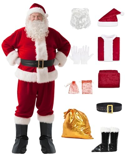 Santa Claus Costume for Men - Professional Santa Suit Adults Men, Velvet Santa Outfit for Xmas Party, Cosplay (crimson)