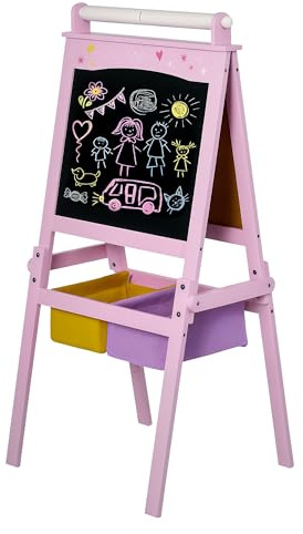 Qaba 3 in 1 Kids Wooden Art Easel with Paper Roll Double-Sided Chalkboard & Whiteboard with Storage Baskets Gift for Toddler Girl Age 3 Years+ Pink