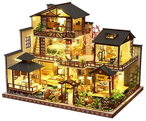 Maison de poupée miniature de style japonais à faire soi-même - Kit d'éclairage LED en bois - Grande maison de poupées de luxe - Jouet de Noël ou d'anniversaire pour garçon et fille