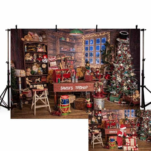 MEHOFOND 2,1x1,5 m Contexte de Noël Photo de Fond du Magasin de Jouets du père Noël Maison de Campagne Antique cabane de Nuit d'hiver Cadeaux Sapin de Noël fête de Famille décoration Studio d'images