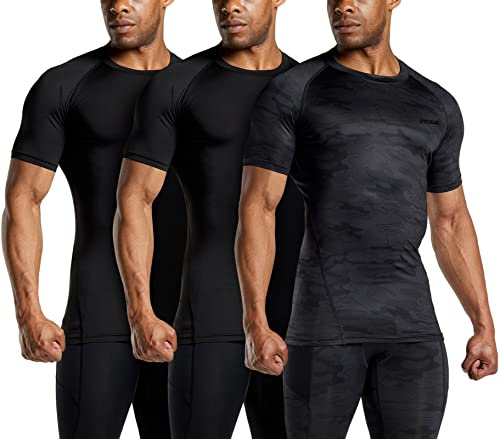 TSLA Men's UPF 50+ Quick Dry Short Sleeve Compression Shirts, Athletic Workout Shirt, Water Sports Rash Guard, Core 3pack Tops Black/Black/Urban Camo Black, Medium