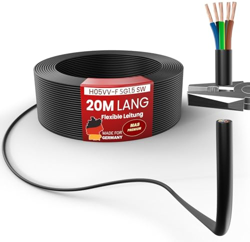 MAS Premium De 5 à 100 m de tuyau en plastique H05VV-F 2, 3 ou 5 x 0,75 ; x1 ; x1,5 ou x2,5 et 4G0,75 Câble flexible pour appareils (H05VV-F 5G1,5 SW, 20 m)