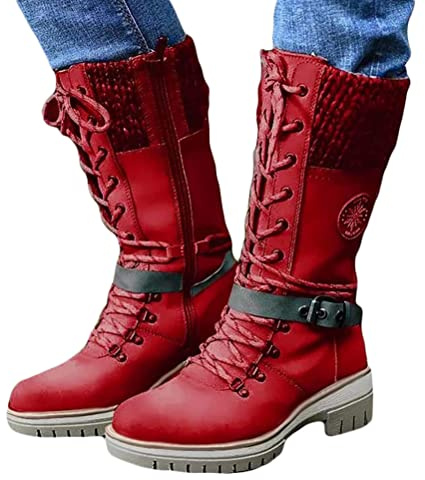 ORANDESIGNE Bottes Gros Mollets Femme Boots Equitation Femmes Décontractée Botte Orthopedique Bottine Mi Talon Femmes Automne Hiver Respirant Antiderapantes avec Boucle E Rouge 39 EU