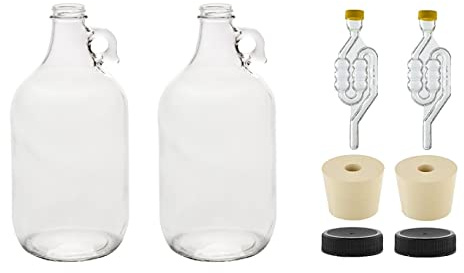 North Mountain Supply 1/2 Gallon Glass Fermenting Jug with Handle – Set of 2 – Includes 6.5 Rubber Stoppers, 6-Bubble Airlocks, and Black Plastic Lids – 64 Ounces – 38mm CT Finish