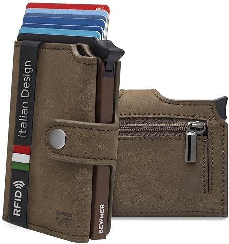 BEWMER v2 Kartenetui mit RFID-Schutz & Anti-Cloning - Damen & Herren Geldbörse mit Münzfach & Platz für 9 Kreditkarten | Kunstleder Portemonnaie Herren & Damen mit Clipverschluss |Kaffeebraun-Braun