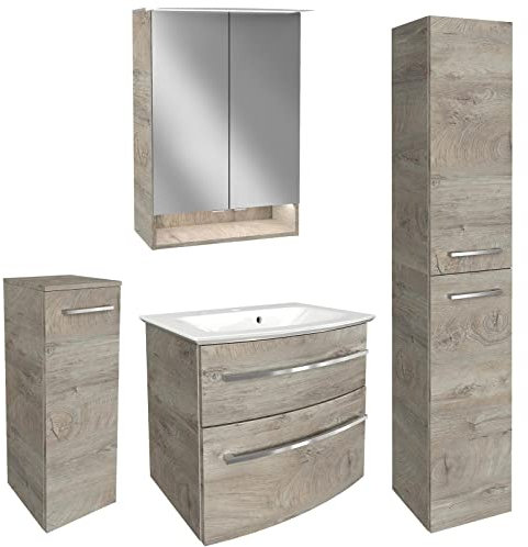 FACKELMANN Badmöbel Set B.Style 5-TLG. Dunkelbraun Unterschrank Links & Mineralgusswaschbecken & LED Spiegelschrank - Made in Germany