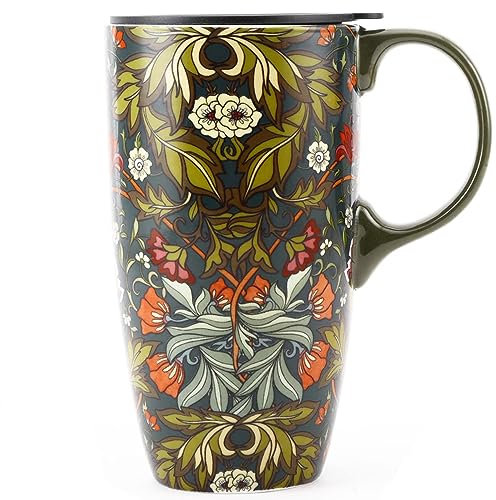 DUSVALLY Ceramic Mug Large Coffee Cup Tall Mugs Porcelain Latte Tea Cup with Lid 17oz,Green