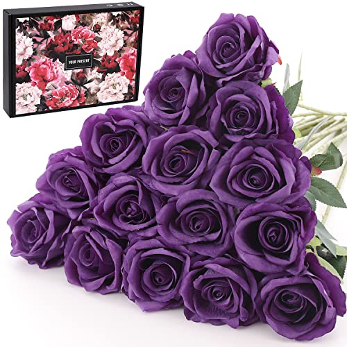 Cloudecor 15Pcs Fake Roses Velet Roses Long Stem Artificial Flowers Silk Flowers for Home Wedding Decoration (Round Roses，Pure Purple)