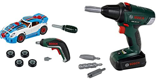 Theo Klein 8630 Bosch Car Tuning-Set | Zerlegbares Auto mit Tuning Zubehör | Mit batteriebetriebenem Akkuschrauber & 8567 Bosch Akkuschrauber | Mit rotierenden und auswechselbaren Aufsätzen