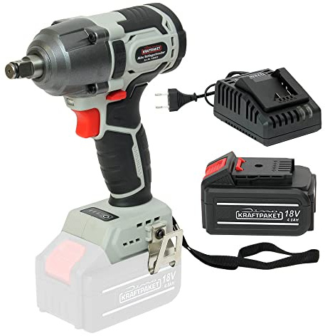 Dino KRAFTPAKET 18V-400Nm Bürstenloser Akku Schlagschrauber 1/2 Zoll Vierkant-Aufnahme mit 3-stufigem Drehkraft-Begrenzer im Set mit 4Ah Akku und Ladegerät und LED-Leuchte, Motor bürstenlos Brushless