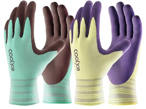 COOLJOB 2 paia di guanti da giardinaggio per uomo e donna, traspiranti, con rivestimento in lattice antiscivolo, guanti da lavoro con impugnatura in gomma per piante, auto ed esterni (taglia XS)