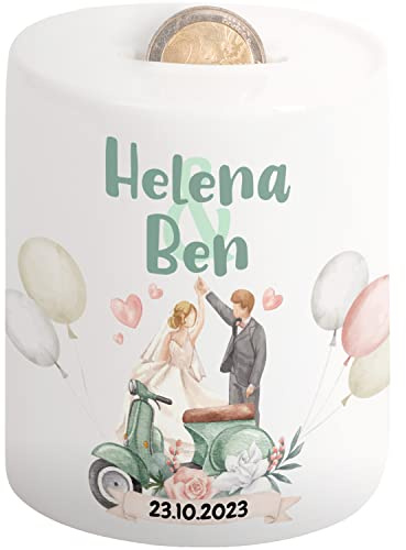 Hochzeitsgeschenke für Brautpaar - Hochzeits-Spardose mit Namen und Datum - Verpackung Just Married Hochzeit Geld-Geschenk Hochzeit personalisiert | Hochzeitstag Sparschwein | Auto Motiv (Roller)