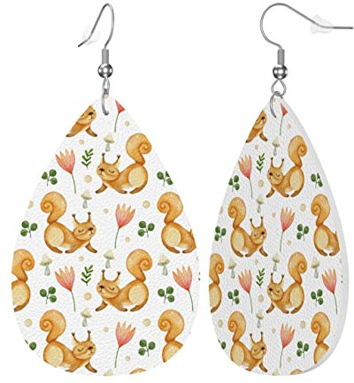 Eichhörnchen und Tannenzapfen Herbst Tiere Weiß Kunstleder Ohrringe für Frauen und Mädchen Tropfenhaken baumeln Schmuck für Kostümparty Urlaub Schmuck Geschenk, Einheitsgröße, Leder Polyvinylchlorid