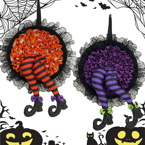 YUEMING 2PCS Decoración de Corona de Halloween, Guirnalda Halloween, Halloween Brujas Pierna para Puerta Guirnalda Colgante de Bruja de Jardín para Puerta Delantera, Decoracion Halloween