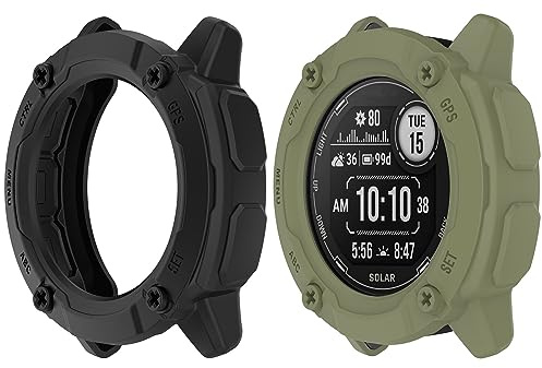 HUAYUWA Weiche TPU-Schutzhülle (schwarz + grün), kompatibel mit Garmin Instinct 2 x Solar-Smartwatch-Schutzhülle, 50 mm, für Instinct 2 x Solaruhren-Zubehör, 2 Stück