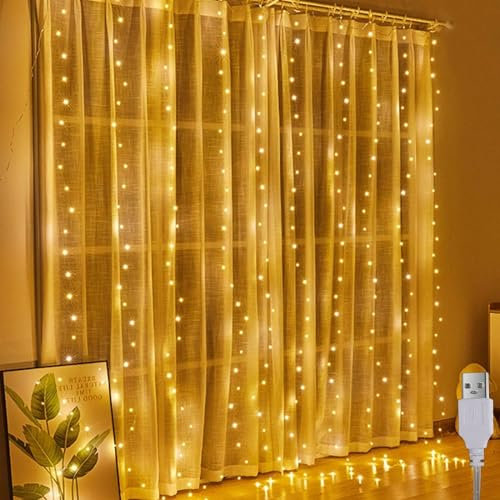 A.bigwhale Lichtervorhang 2x2m, lichterketten Vorhang Innen, 200 LED lichterkette hängend USB Lichtervorhang Warmweiß für Ramadan Hochzeit Party Weihnachten Wand Schlafzimmer Deko