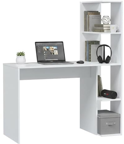 Dmora - Scrivania Pittston, Scrittoio lineare con libreria, Tavolo ufficio multiuso salvaspazio, 110x52h136 cm, Bianco