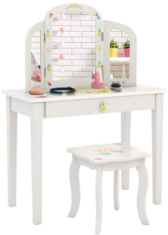 LIFEZEAL Schminktisch Set für Kinder, Kinderschminktisch mit niedlichen Mustern & Hocker, Frisiertisch mit Spiegel & Schublade, Geschenk für Mädchen 3-7 Jahre Alt (Ananas, 70x34x95,5cm)
