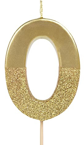 PARTYLOSOPHY Número 0 Velas de cumpleaños con números 10, 20, 30, 40, 50, 60, 70, 80, 90, 100 de color oro metalizado con glitter.Vela Cumpleaños Dorada, Cumpleaños, Aniversarios y fiestas temáticas.