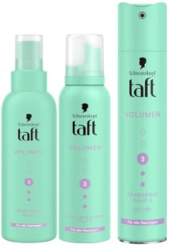 Taft Schwarzkopf Schaumfestiger Volumen (150ml) Haltegrad 3 Haarschaum für alle Haartypen & Föhn-Spray Volumen (150ml) & Haarspray Volumen (250 ml) Haarstyling vegane Formel*
