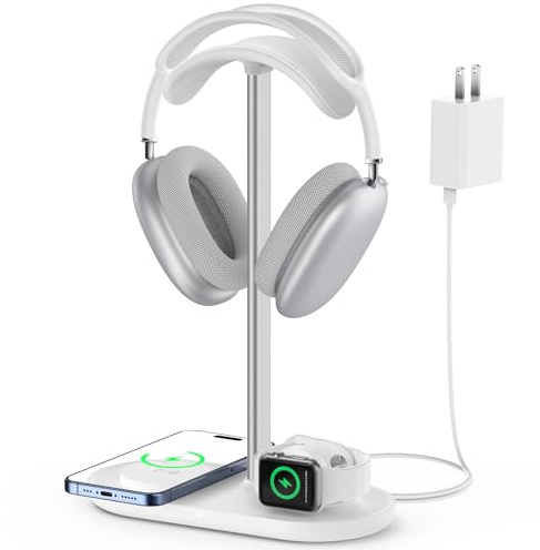 HiWe Headphone Stand, 2-in-1 Wireless Charger for iPhone/Apple Watch, Aluminum Alloy Rod, Minimalist Desk Organizer, White