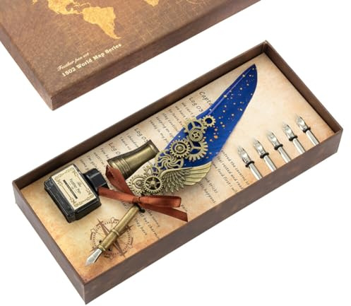 ISAKEN Kalligraphie Stift Set, Luxuriöser Federhalter und Tinte, Füllfederhalter Stift Set mit 5 Federn und Tintenfass, Ideal zum Kalligraphie Lernen für Anfänger & Erwachsene