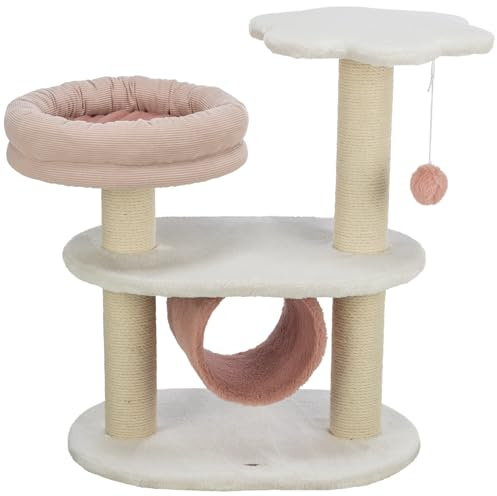 TRIXIE Katzen-Kratzbaum Isabella, mehrstöckig – 70 cm, weiß/Altrosa | Robuste Sisal-Kratzflächen und weiche Polster – bietet Kratzspaß, Spiel und entspannten Rückzug für Katzen
