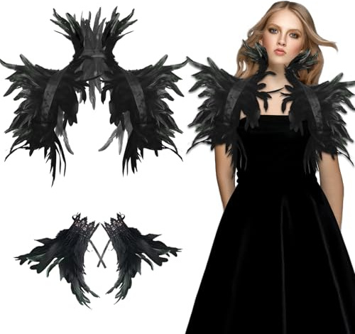 shallyong Fjäderkrage, svart, fjäderkappa, svart med fjädermanschetter, maleficent kostym, gotiska fjädrar axel, påfågelkostym, för cosplay, fester, fest, karneval,