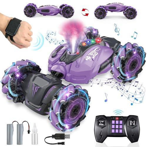 Ulikey Ferngesteuertes Auto, RC Stunt Car mit Licht, Musik und Sprühen, Drift Car Spielzeug 360° Drehung Ferngesteuertes Autos mit Handsteuerung, Geschenk für Kinder ab 6-12 Jahre (Violett)