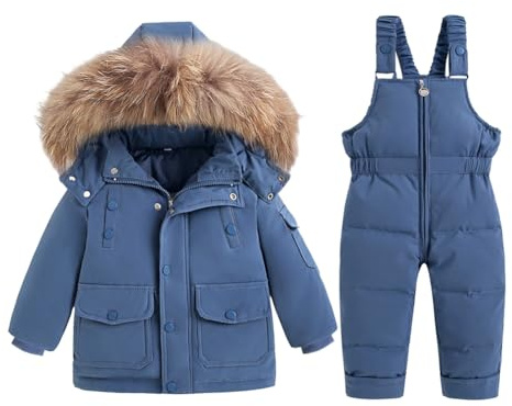 Valcatch Toddlers Boys Girls Snowsuit Hooded Faux Fur Down Jacket Puffer Overall Trousers Sets Kids Baby Solid Winter Warm Coat Bib Pants Dungarees Cold Weather Outfits Ski Suit Age for 1-5 Years