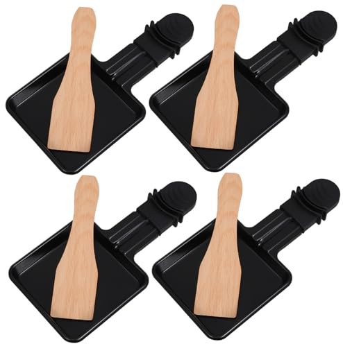 Garneck Mini Raclette Grill Pans Set Square Cheese Melting Pans and Wooden Spatulas, Non-Stick Electric Stone Plate Grill for Small Barbecue and Kitchen Supplies, 4 Small Trays and 4 Wooden Spatulas