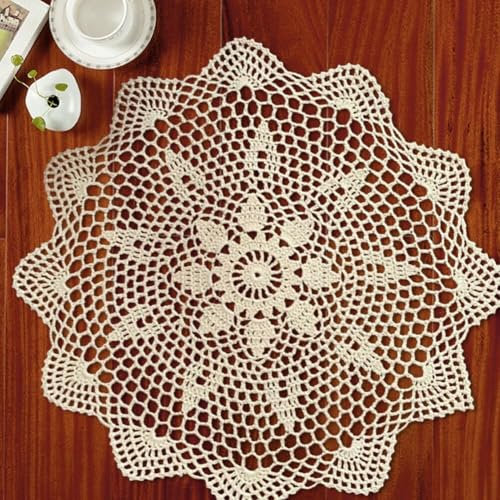 DAZZLEEX Runde Spitzen-Tischdecke im Vintage-Stil, für Esszimmer, handgefertigte Häkeldeckchen für Café-Dekoration (Beige)