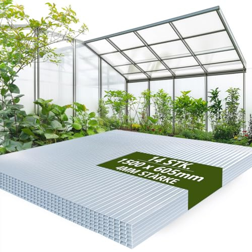 Sorlpv 14x Polycarbonat Hohlkammerstegplatten 1500X605mm 12,7m², Zuschneidbar Ersatzplatten Doppelstegplatte 4mm, Gewächshausplatte UV-beständigen Stoßsicheren für Gewächshaus Gartenbau Carports usw