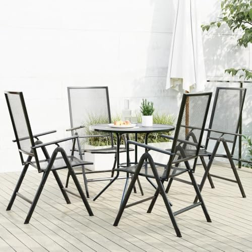 IKAYAA 5-Teiliges Gartenmöbel Set, Aluminium Balkonmöbel Set, 4er Verstellbare Hochlehner Klappstühle + 1 Rund Tisch, Essgruppe Sitzgruppe Outdoor, Gartengarnitur, Sitzgarnitur, Wetterfest, Anthrazit