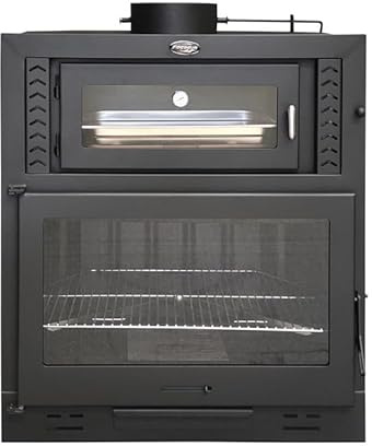 MF - Barbacoa de Leña con Horno para Interiores Modelo M100 de 111 x 60 x 108 cm en Acero con Rejilla de Hierro Fundido, Horno de Ladrillo Refractario, Parrilla de Asado y Termómetro