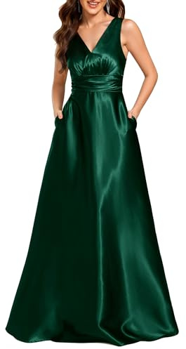 Ever-Pretty Vestido Dama de Honor Largo Elegante con Bolsillos Satín Cuello en V Vestido de Noche Sin Mangas Verde Oscuro 48