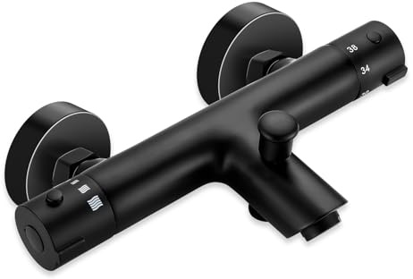 ZYNUHMO Badewannenarmatur mit Thermostat,2 Auslässen Duscharmatur,Schwarz | Dusche und Badewanne,Thermostat Mischbatterie Dusche mit 38 °C Sicherheitssperre,Wandmontage