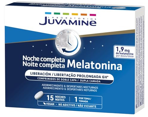 JUVAMINE Noche completa, sueño reparador, Melatonina 1,9 mg, 15 cpr | Conciliación rápida y sencilla del sueño, equilibrio nervioso, descanso, no causa dependencia, fabricado en Francia