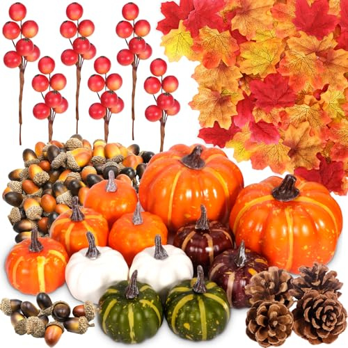 TEWWCEO Set di Decorazioni per il Ringraziamento 162 pezzi, Set di Zucche Artificiali per Halloween, Foglie di Acero Artificiali, Zucca Raccolta, Ghiande Piccole, Pigne, per Decorazione Autunnale