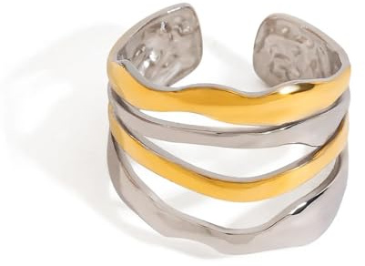 Gold Plated Open Ring for Women - Adjustable Stainless Steel Jewelry with Two-Tone Finish, Modern Minimalist Style for Stacking or Solo Wear