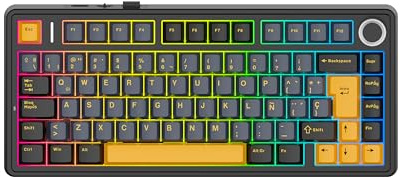 MechLands Aula F75 75% Teclado Mecánico para Gaming, Distribución QWERTY Español, Retroiluminación RGB, Teclado BT5.0/USB-C/2,4 GHz con Mando Giratorio, Reaper Switches para Win/Mac (Negro)